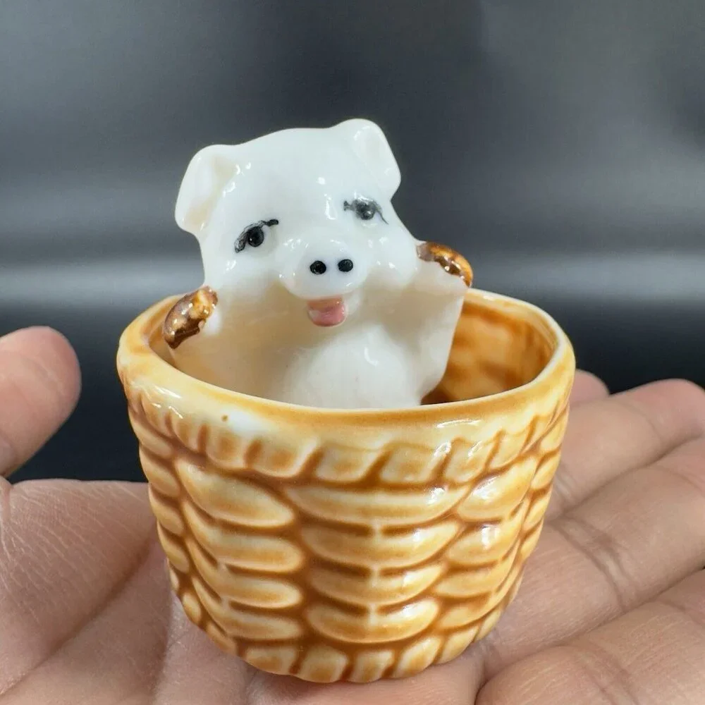 Vintage 1980s Porcelain Pings In Woven Basket Figurine‎ Set Made On Taiwan VTG